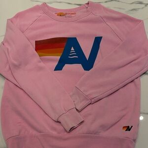 Aviator Nation Pink Sweatshirt with Blue Logo and Rainbow Stripe